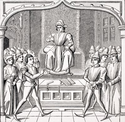 The Judicial Duel - The Plaintiff Opens His Case Before a Judge, after a miniature in the 15th century manuscript 